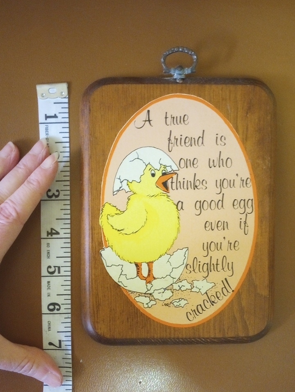 Vintage Wood Friendship Wall Decor w/ Chick & Egg. Brown Yellow Orange White - Picture 3 of 5